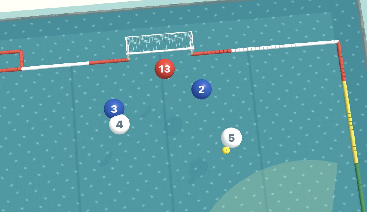 Dezelfde spelsituatie met genummerde 3D-bollen.